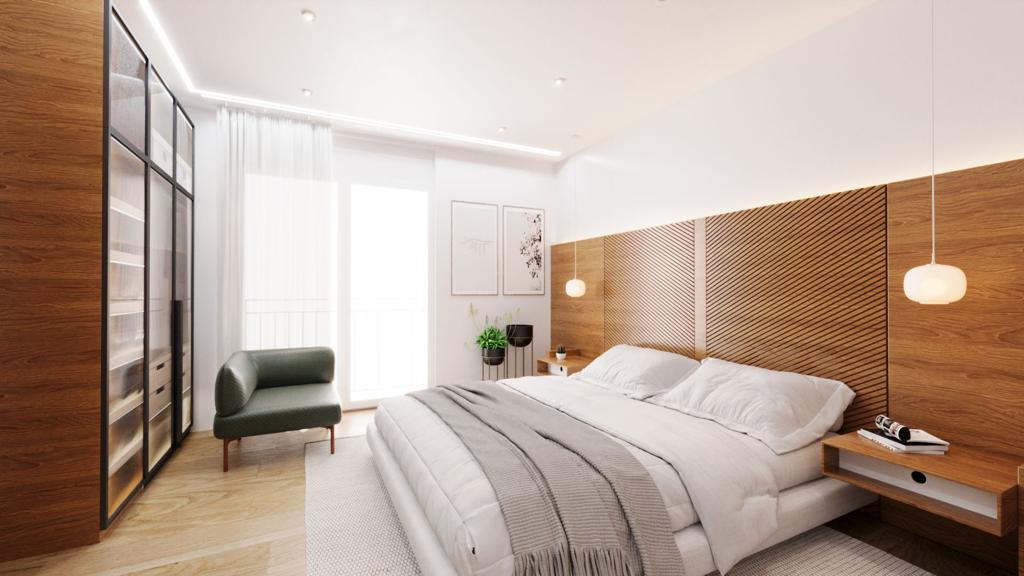 Schlafzimmer mit Holzverkleidung – Visualisierung